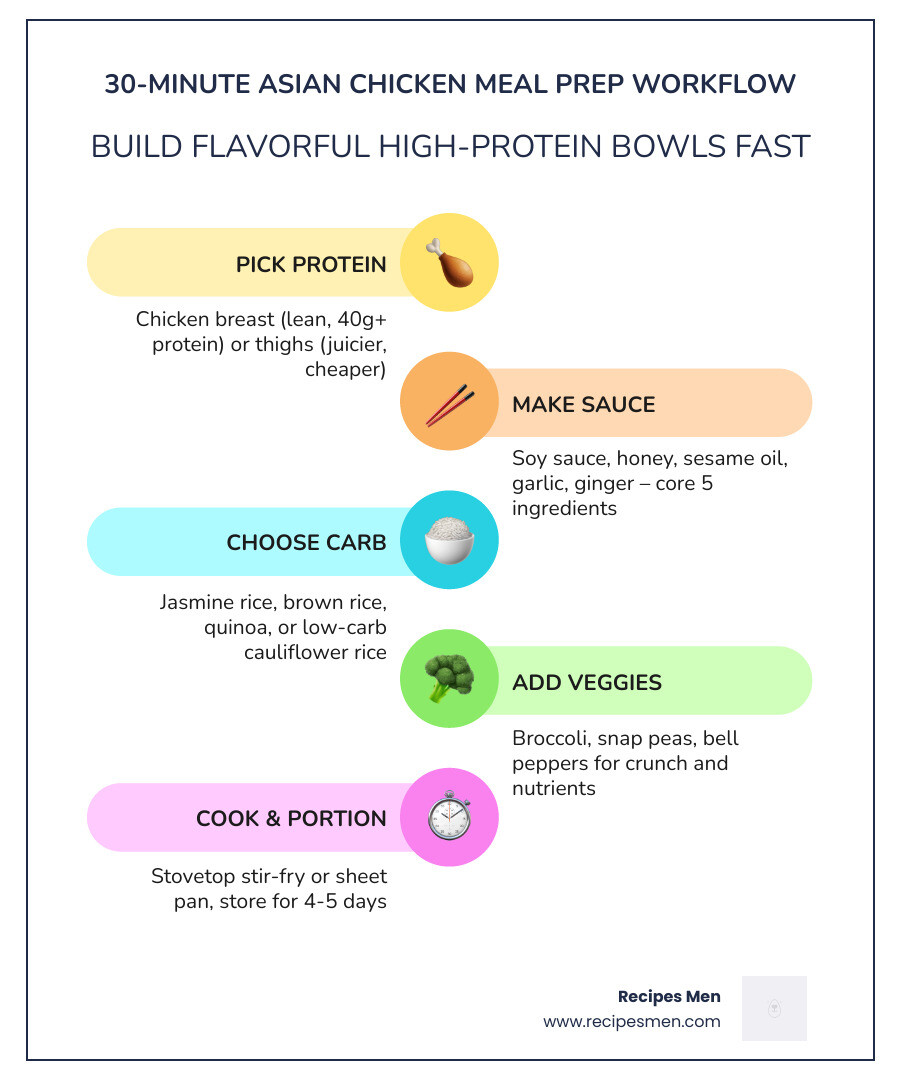 30-minute Asian chicken meal prep workflow infographic - asian chicken meal prep infographic infographic-line-5-steps-colors