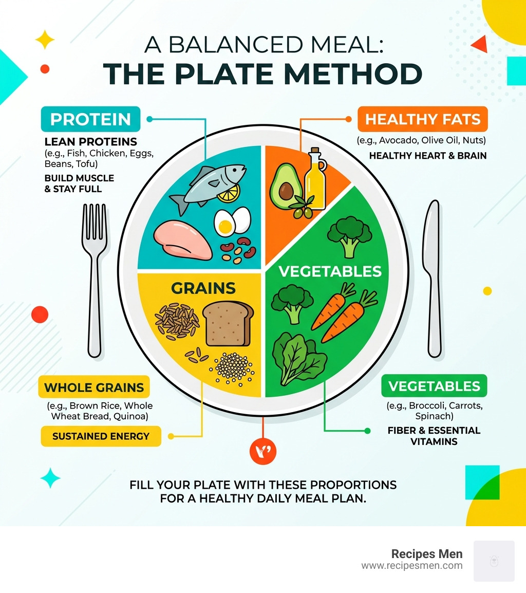 Plate Method infographic showing protein, grains, vegetables, and healthy fats portions - healthy daily meal plan