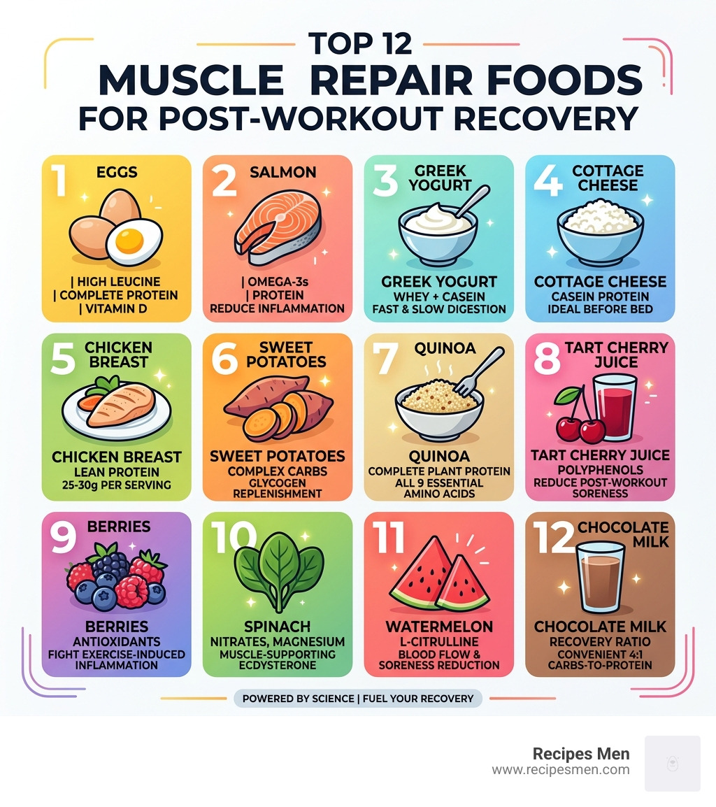 infographic showing top 12 muscle repair foods with protein content and key nutrients - best food for muscle repair
