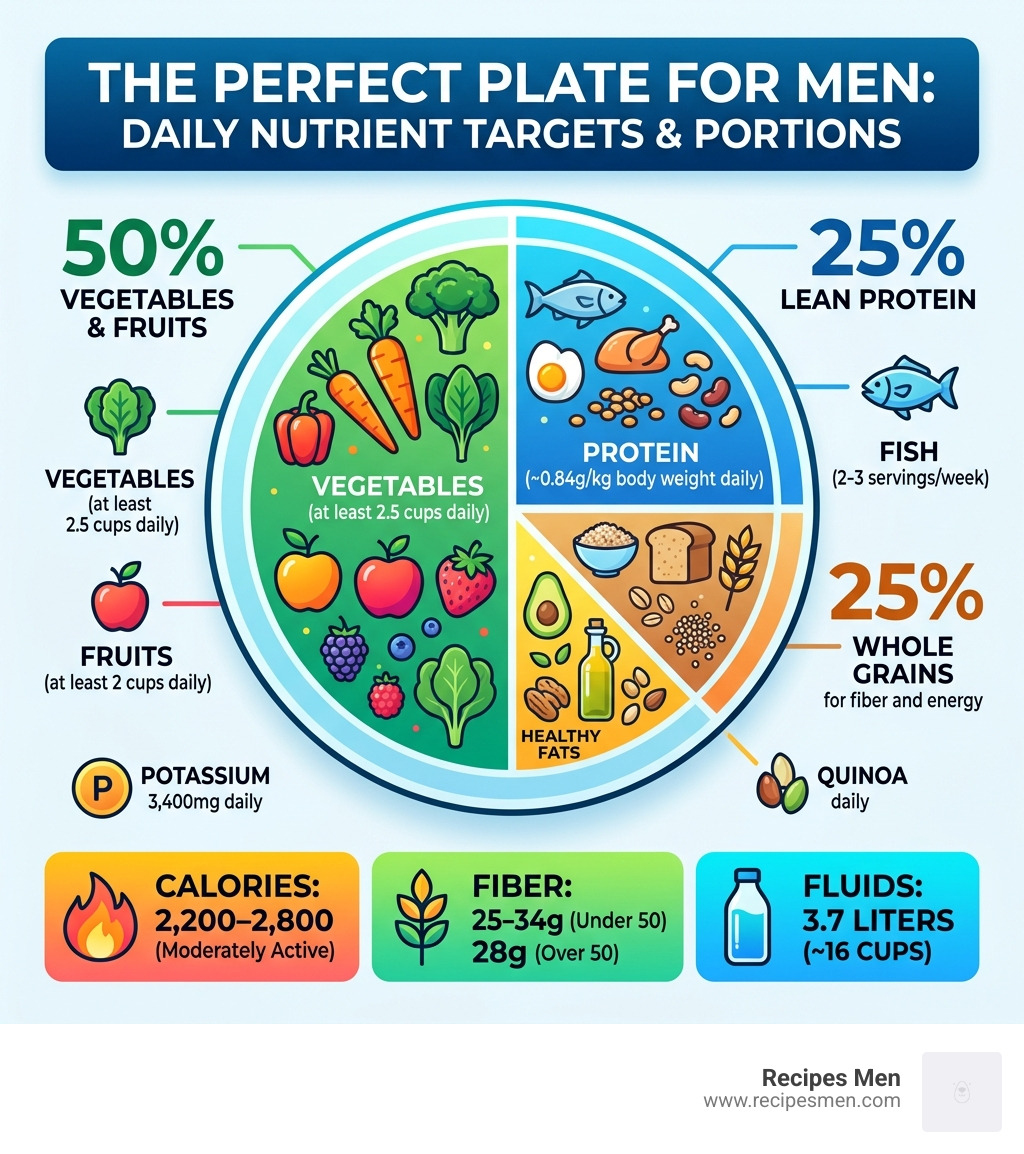 Infographic showing the Perfect Plate for men with daily nutrient targets and food group portions - daily diet for men