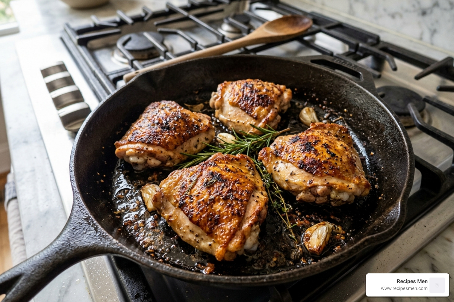 properly seared chicken thighs in a cast iron skillet - easy recipes for beginners