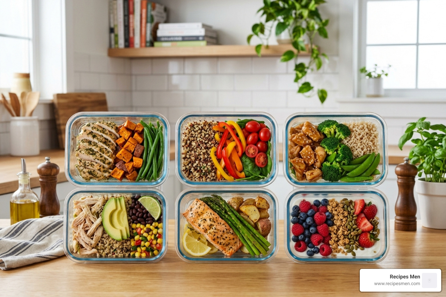 Organized glass meal prep containers with colorful healthy foods - healthy daily meal plan