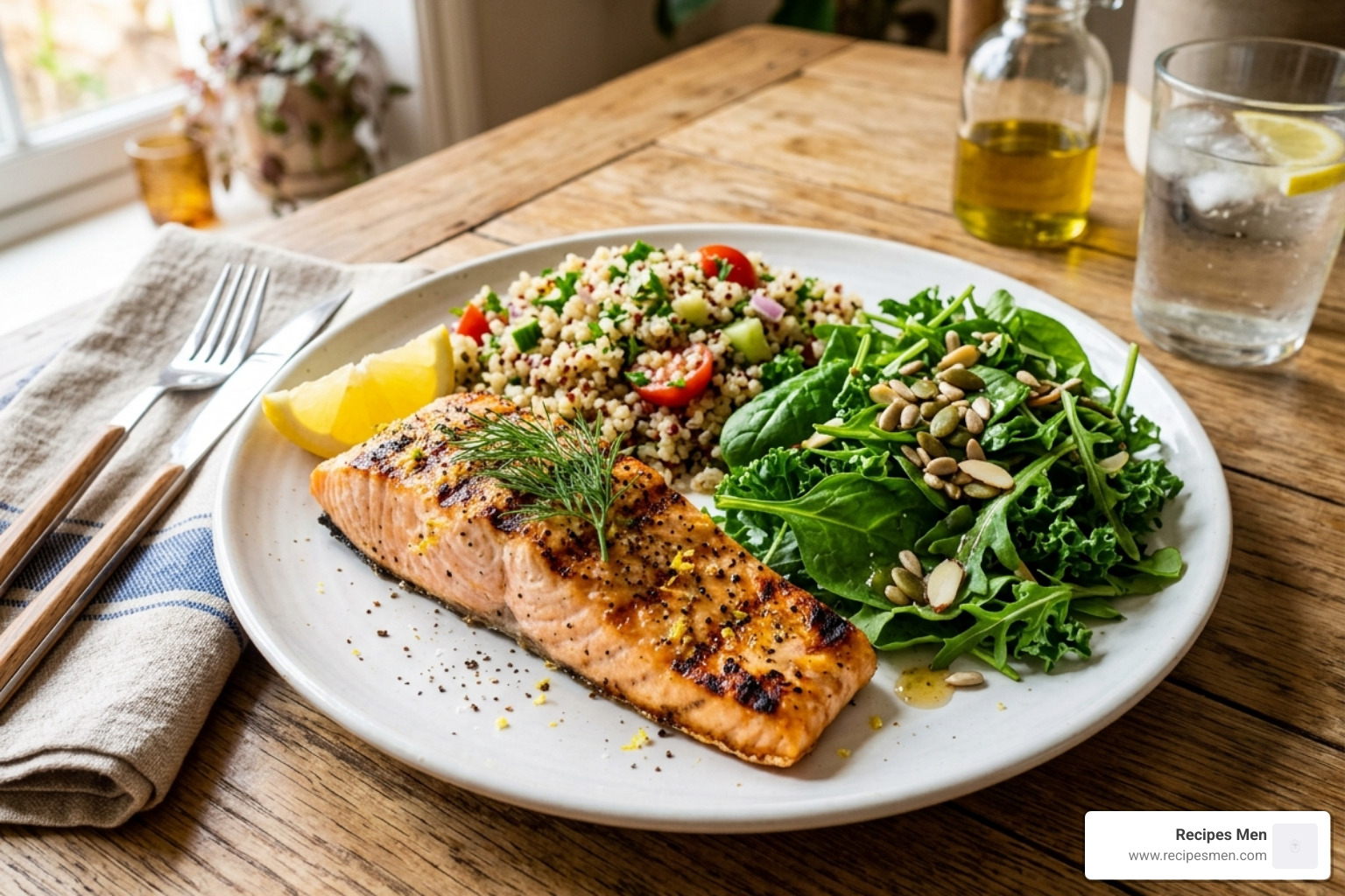 balanced recovery plate with salmon, quinoa, and greens - best food for muscle repair