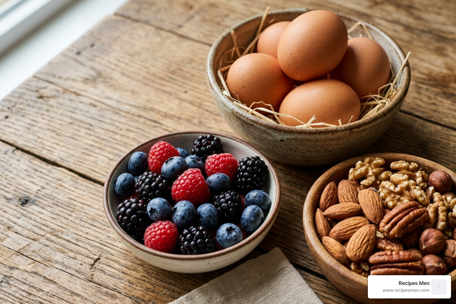 assortment of whole recovery foods like eggs, berries, and nuts - best food for muscle repair