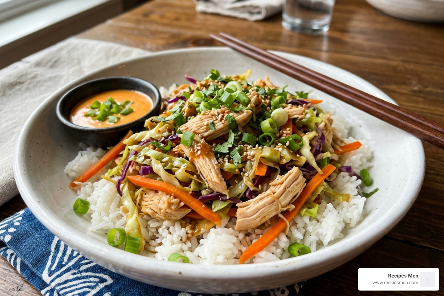 colorful chicken egg roll bowl in a ceramic dish - light dinner ideas for weight loss