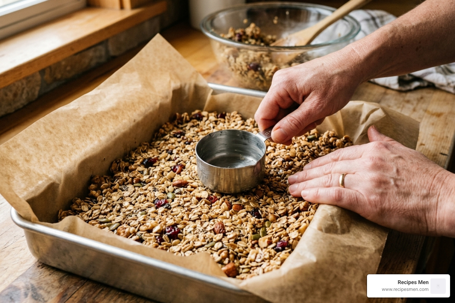 pressing granola mixture into a pan with parchment - best granola bar recipe