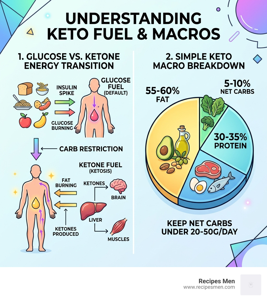 Infographic showing glucose vs ketone energy transition and simple keto macro breakdown - keto meal planning made simple