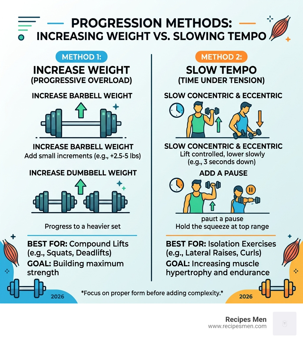 Infographic comparing progression methods like increasing weight vs. slowing tempo - at home barbell and dumbbell workout