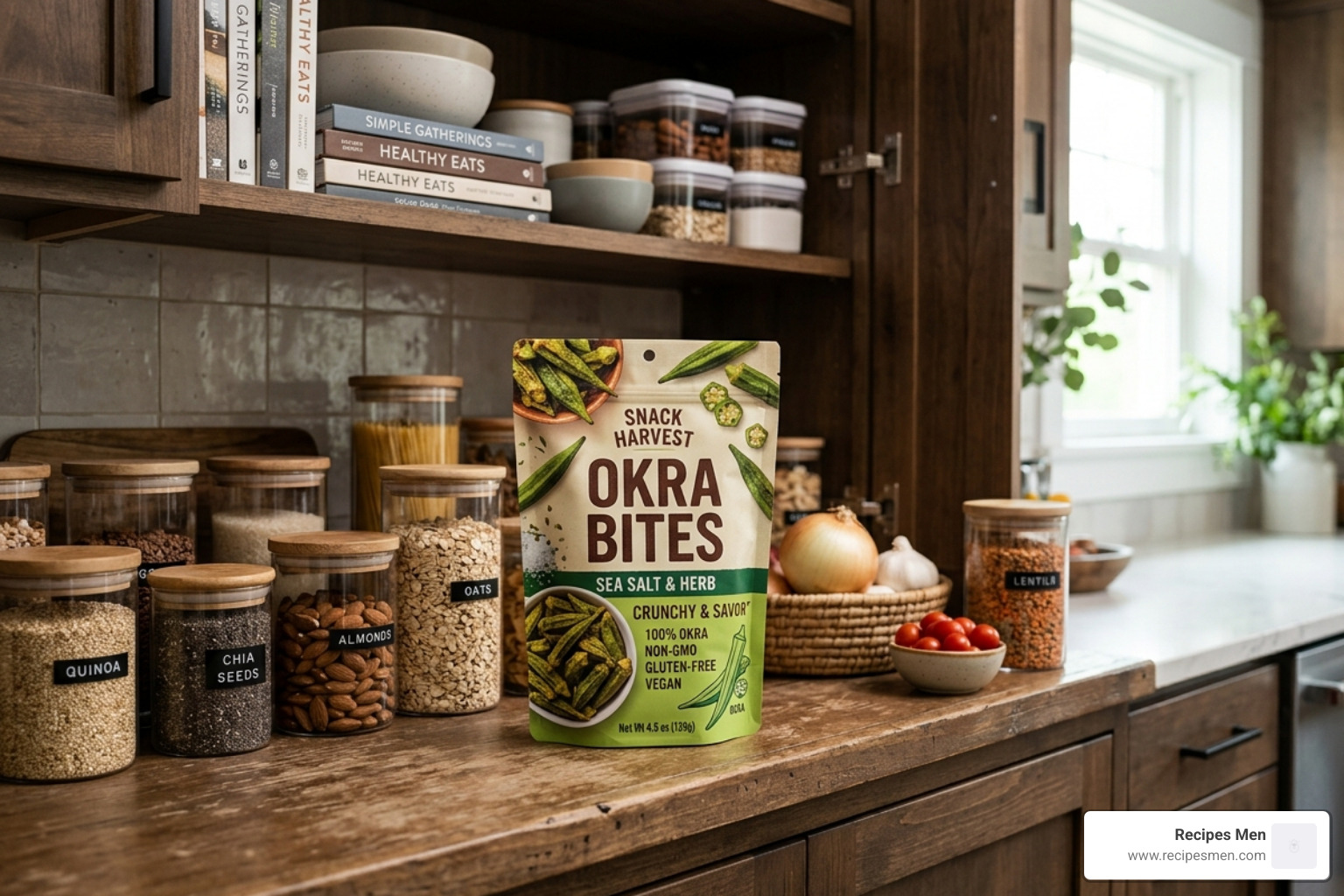 Premium okra snack packaging in a modern pantry - high protein okra crisps