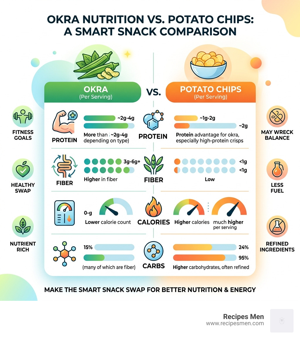 Okra nutrition vs potato chips infographic showing protein, fiber, calories, and carbs comparison - high protein okra crisps