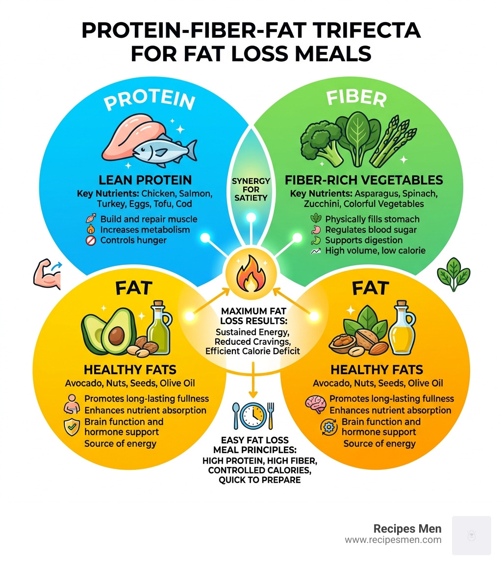 Protein-Fiber-Fat trifecta infographic for fat loss meals with key nutrients and benefits - easy fat loss meals infographic 