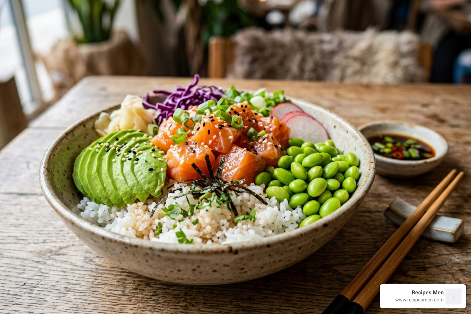 vibrant salmon rice bowl with avocado and edamame - healthy meal ideas for men
