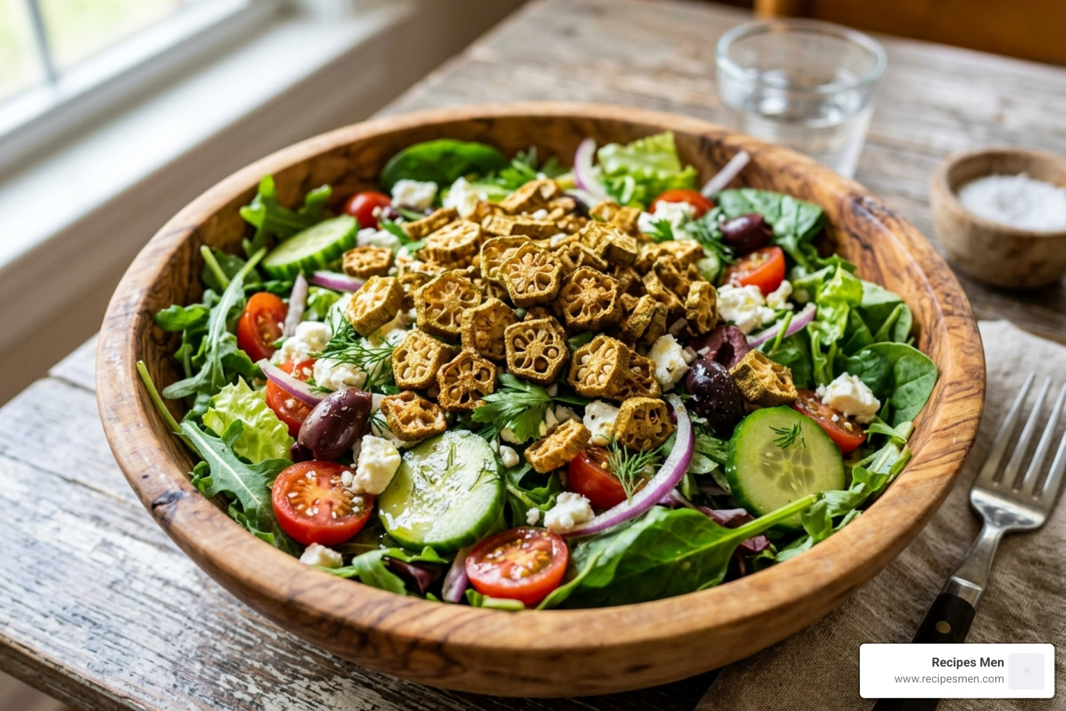 Okra crisps used as a crunchy topper on a fresh Mediterranean salad - high protein okra crisps