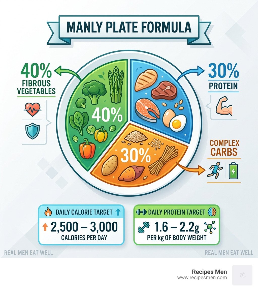 Manly Plate formula: 30% lean protein, 30% complex carbs, 40% fibrous vegetables with calorie and protein targets - healthy