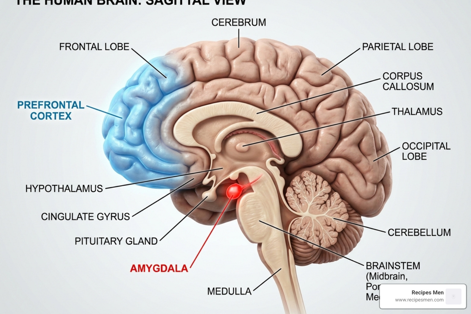 A diagram of the human brain highlighting the amygdala and prefrontal cortex - grounding techniques anxiety relief