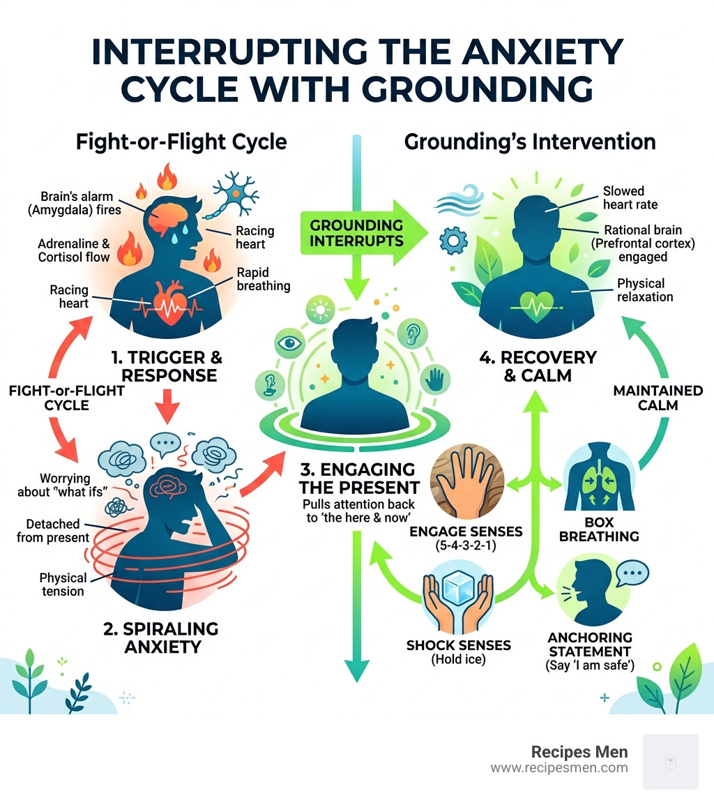 Infographic showing how grounding interrupts the fight-or-flight anxiety cycle step by step - grounding techniques anxiety