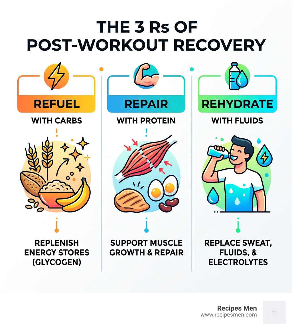 Infographic showing the 3 Rs of post-workout recovery: Refuel with carbs, Repair with protein, Rehydrate with fluids - best
