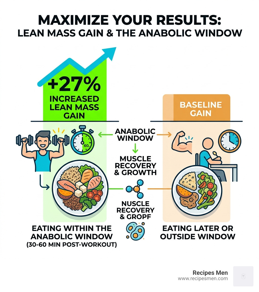 Infographic showing 27% more lean mass gain for those eating in the anabolic window - best lunch after workout infographic 