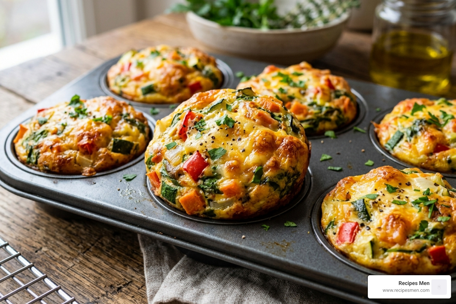 golden-brown egg muffins packed with vegetables and cheese - easy make ahead breakfast ideas