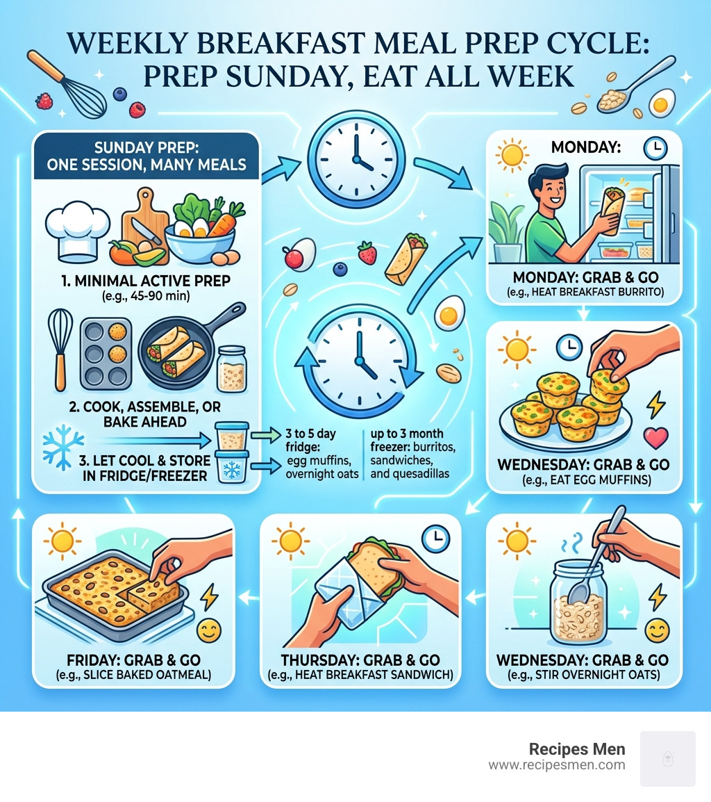 Weekly breakfast meal prep cycle infographic showing Sunday prep through Friday grab-and-go - easy make ahead breakfast
