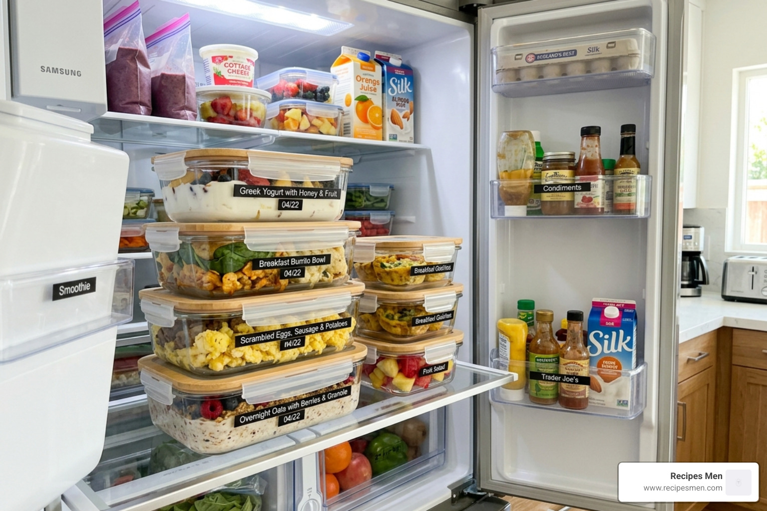 Airtight glass containers neatly stacked in a clean refrigerator - easy make ahead breakfast ideas