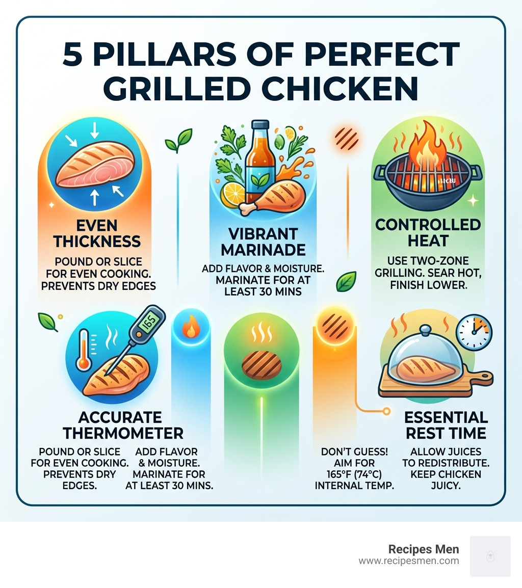5 pillars of perfect grilled chicken: thickness, marinade, heat, thermometer, and rest time - easy grilled chicken ideas