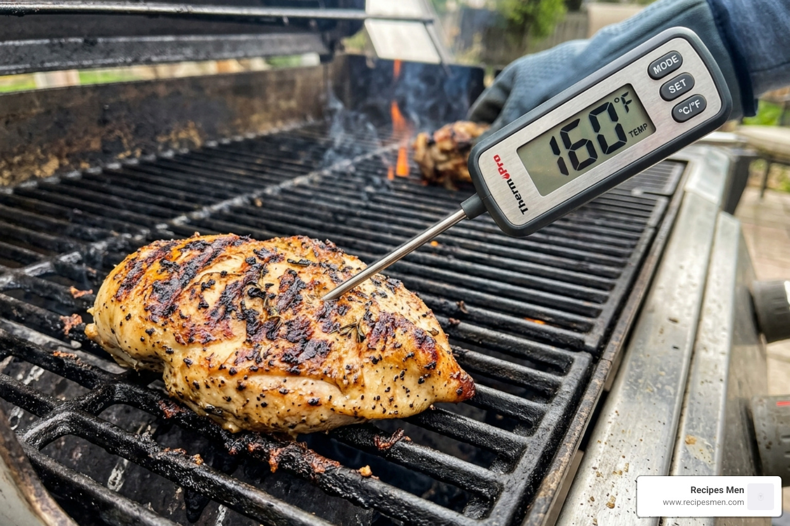 digital thermometer showing 160 degrees in a grilled chicken breast - easy grilled chicken ideas