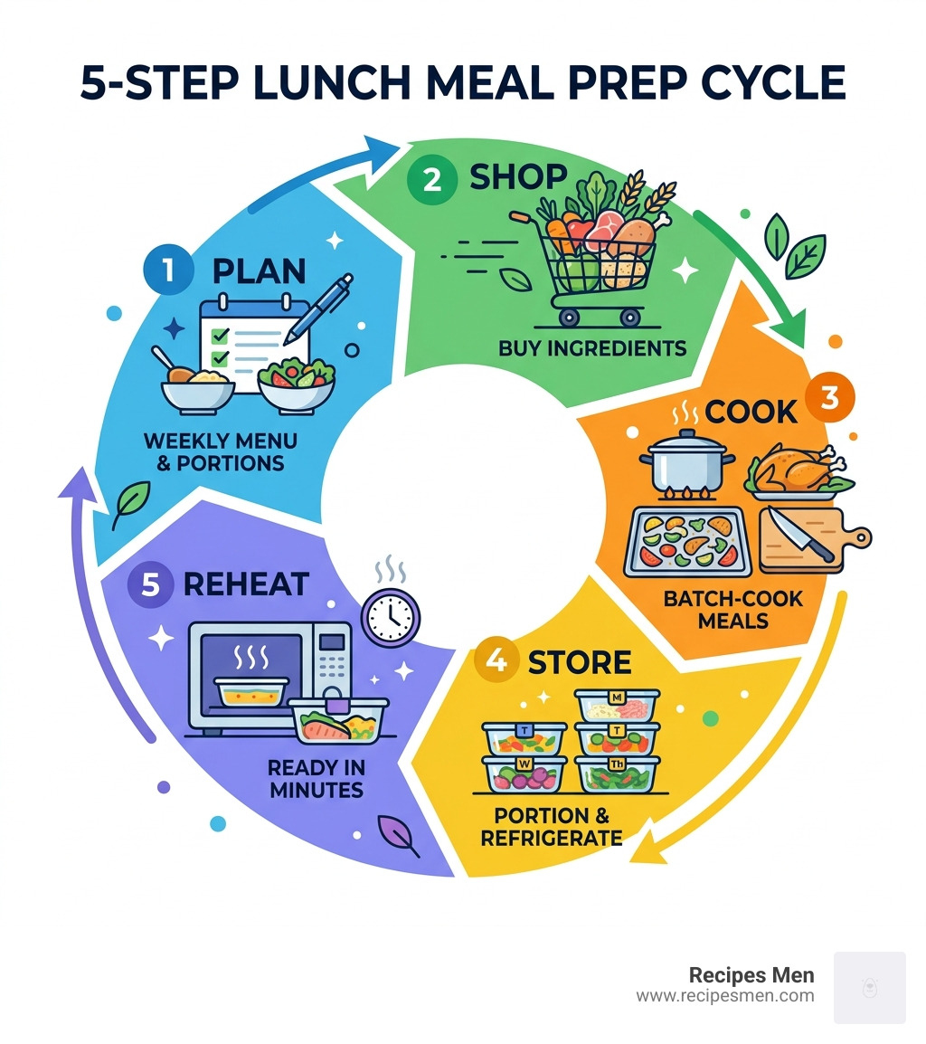 5-step lunch meal prep cycle: plan, shop, cook, store, reheat - tasty lunch meal prep infographic 