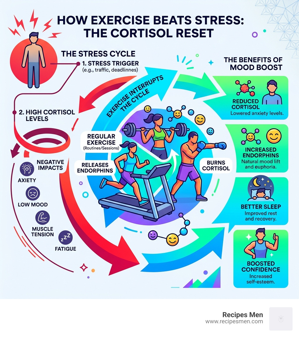 infographic showing how exercise interrupts the cortisol stress cycle with endorphin release and mood benefits - gym