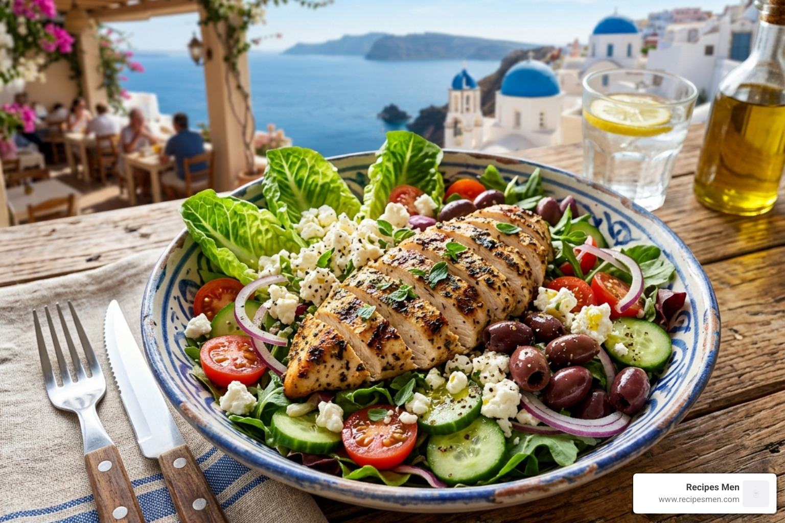 Mediterranean chicken salad bowl with feta and olives - tasty lunch meal prep
