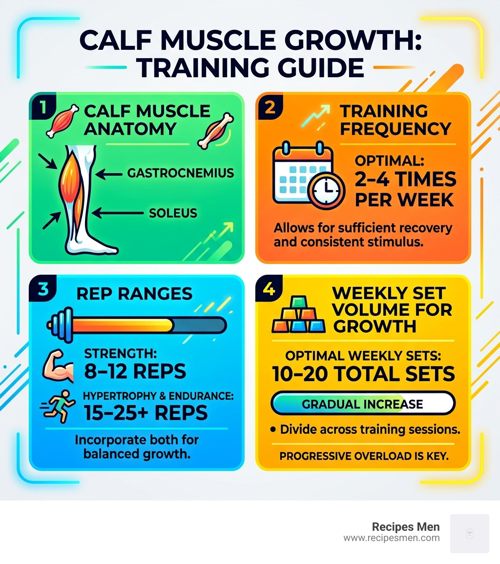 Infographic showing calf muscle anatomy, training frequency, rep ranges, and weekly set volume for growth - calf raise