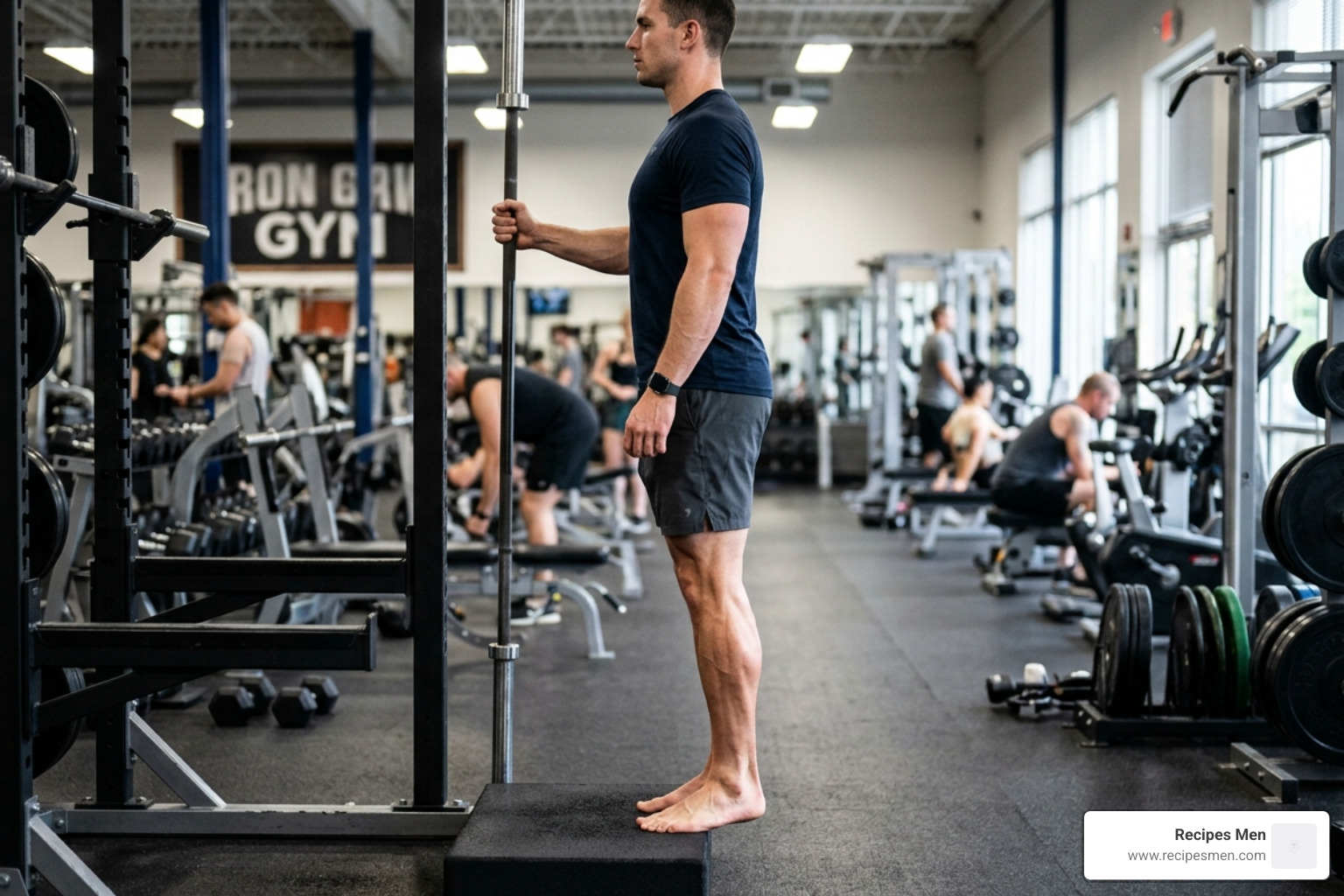 Man performing standing calf raises with proper alignment and straight knees - calf raise workout routine