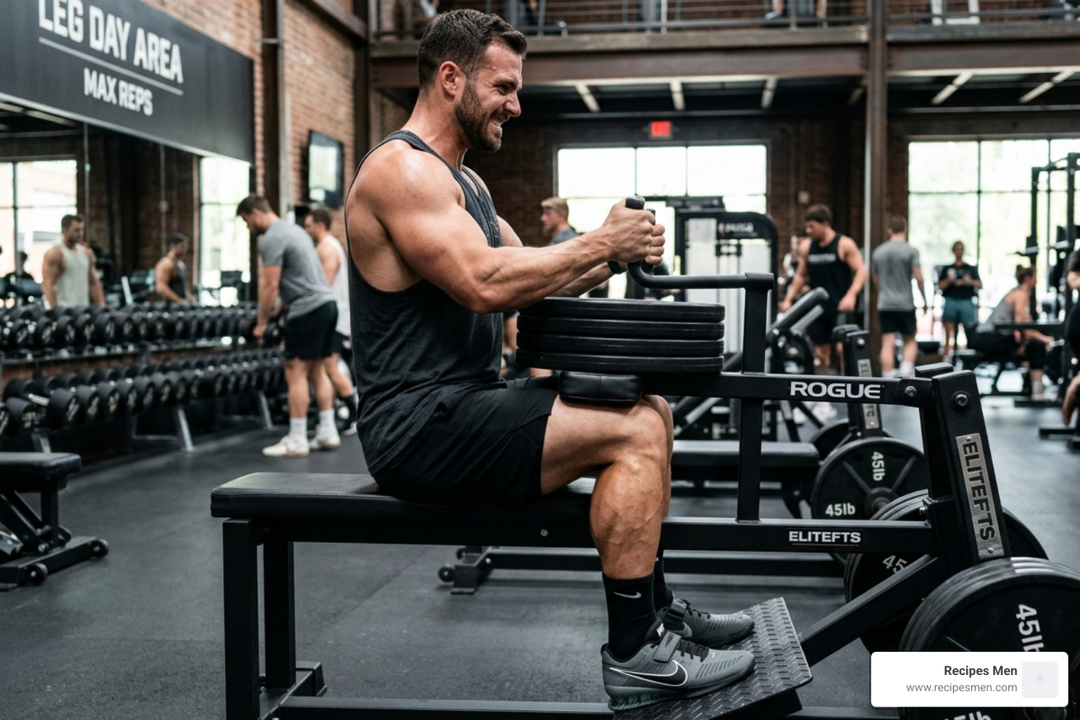 Man using a seated calf raise machine with weights on his thighs - calf raise workout routine
