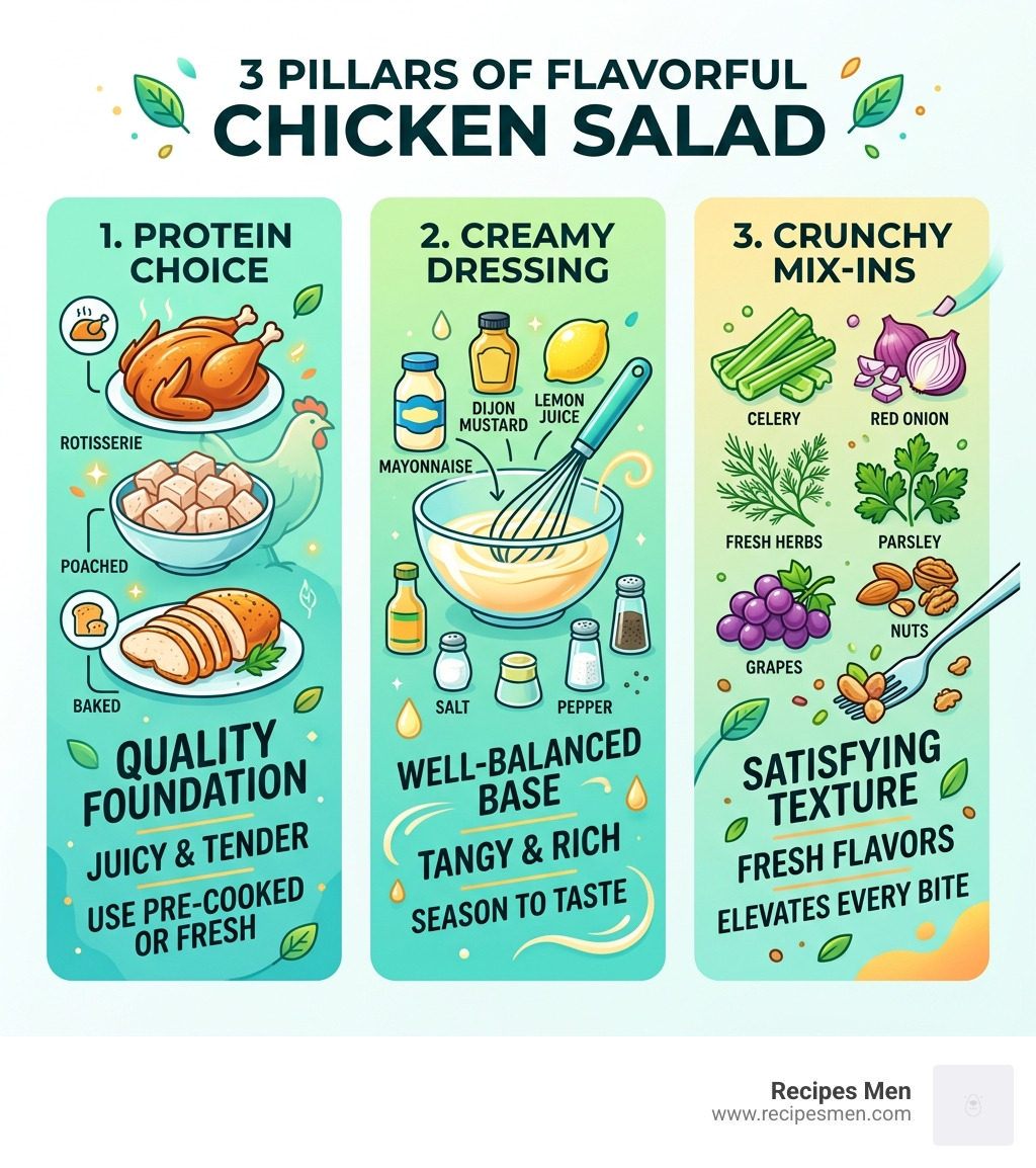3 pillars of flavorful chicken salad: protein choice, creamy dressing, and crunchy mix-ins - flavorful chicken salad recipe