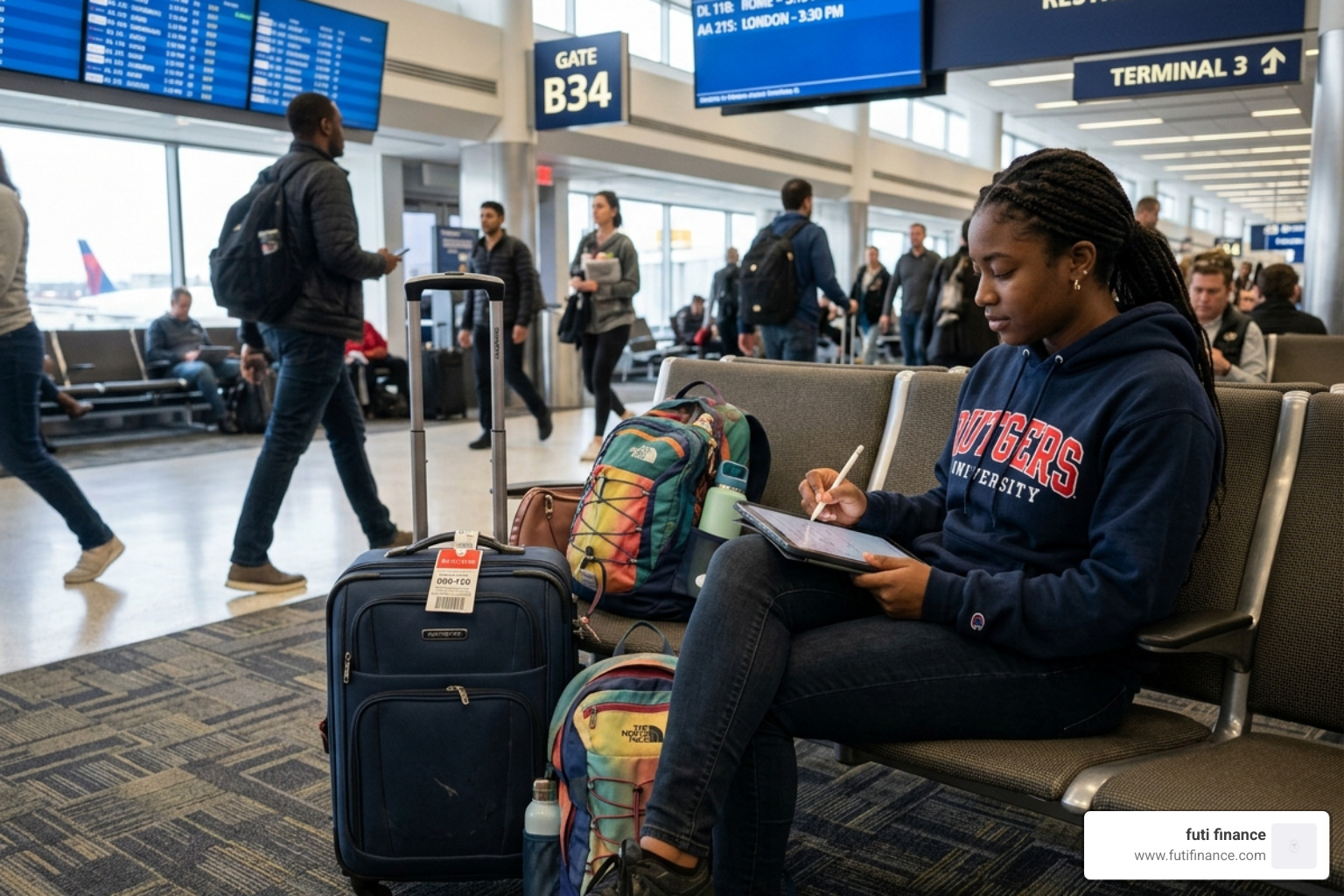 A student using a tablet while waiting at an airport terminal for a study abroad trip - student tech gadget cover