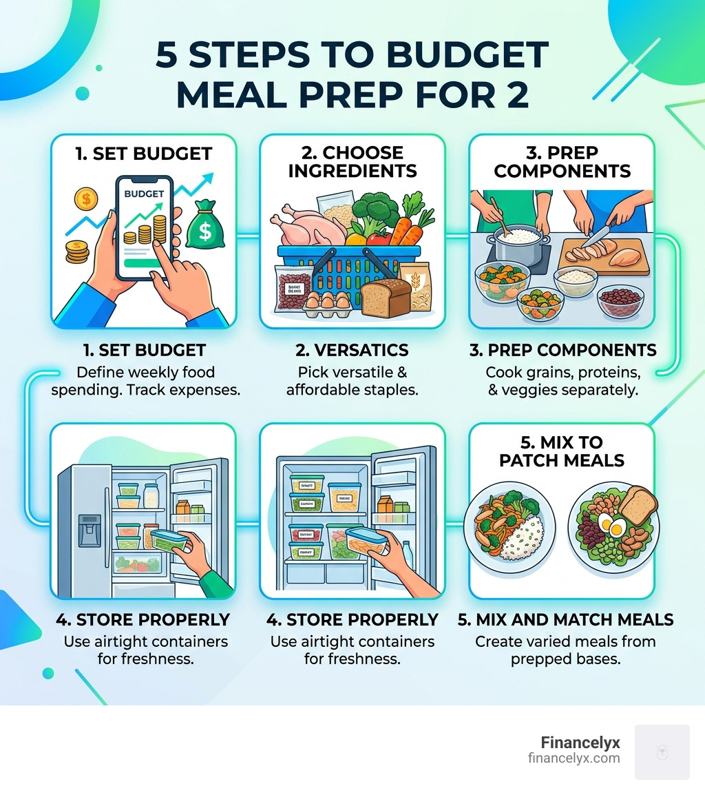 5 steps to budget meal prep for 2: set budget, choose ingredients, prep components, store properly, mix and match meals