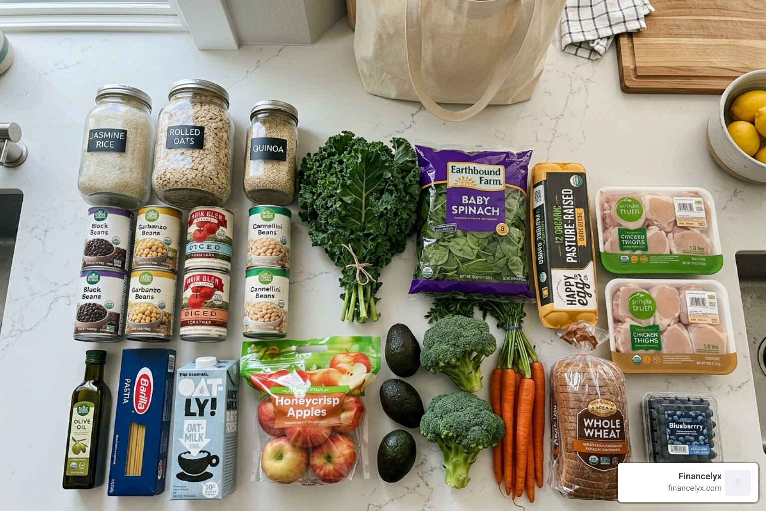 organized grocery haul for two featuring bulk grains, beans, and fresh greens - budget meal prep for 2