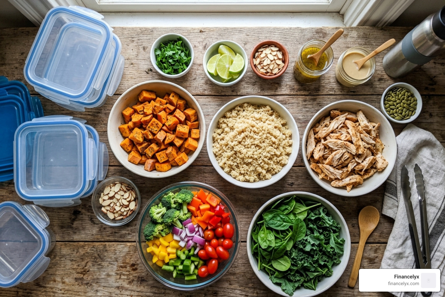 mix-and-match meal components with roasted sweet potatoes, quinoa, and shredded chicken - budget meal prep for 2
