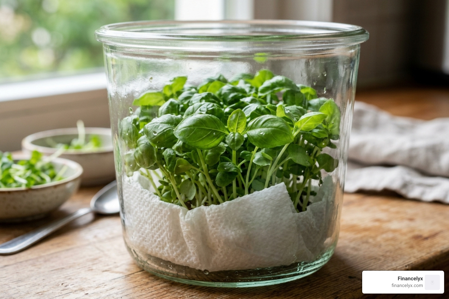 Freshly harvested basil microgreens stored in a glass container with a damp paper towel - basil microgreens recipes Freshly harvested basil microgreens stored in a glass container with a damp paper towel - basil microgreens recipes
