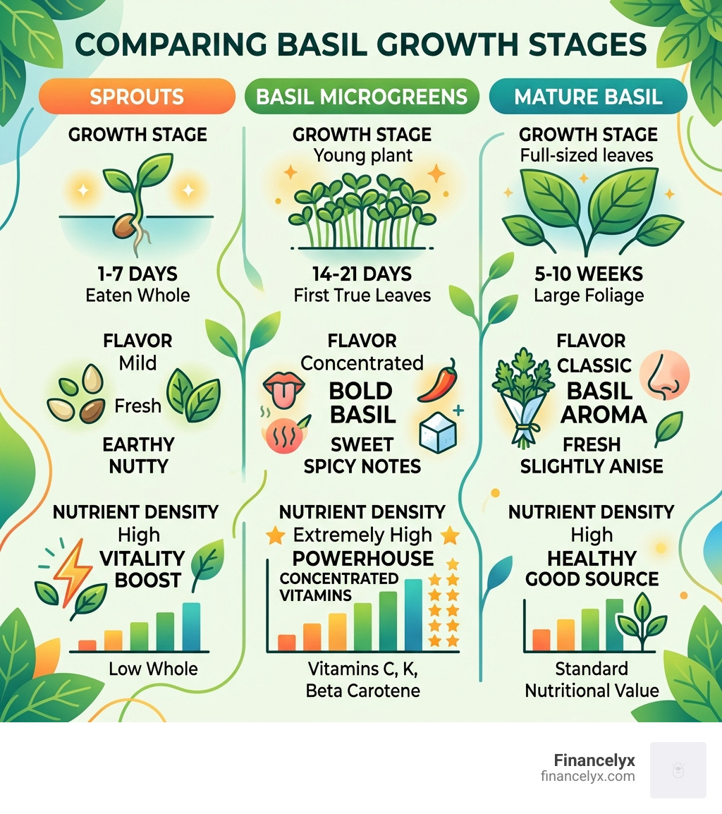 Infographic comparing sprouts, basil microgreens, and mature basil by growth stage, flavor, and nutrient density - basil Infographic comparing sprouts, basil microgreens, and mature basil by growth stage, flavor, and nutrient density - basil
