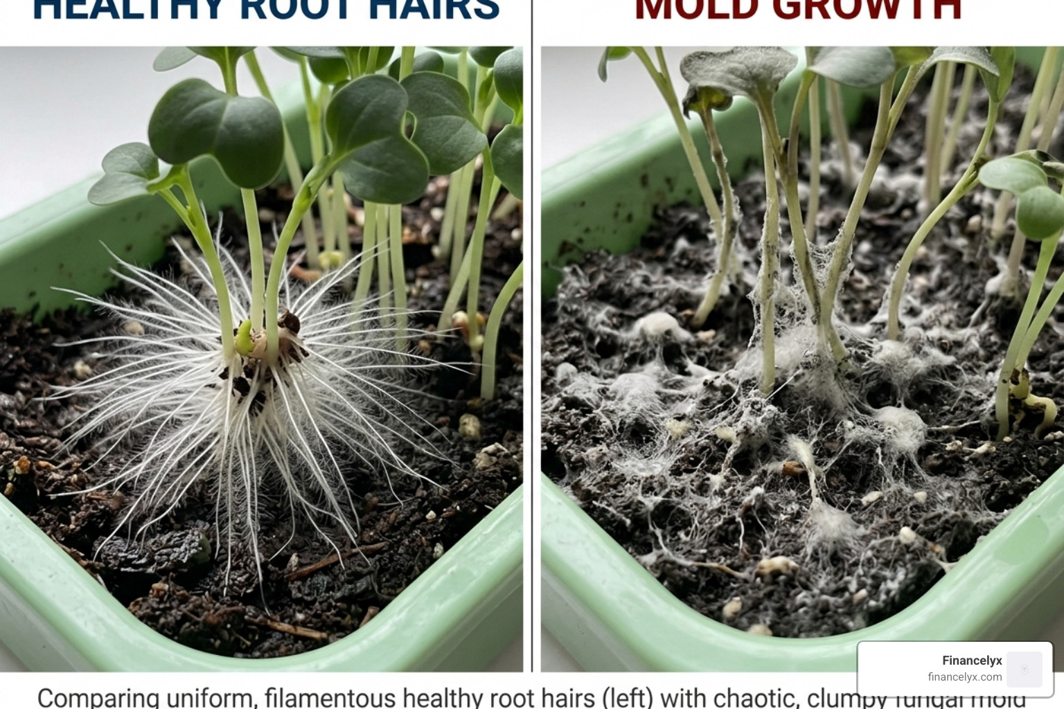 Side-by-side comparison showing the uniform structure of root hairs versus the chaotic web of mold - prevent mold