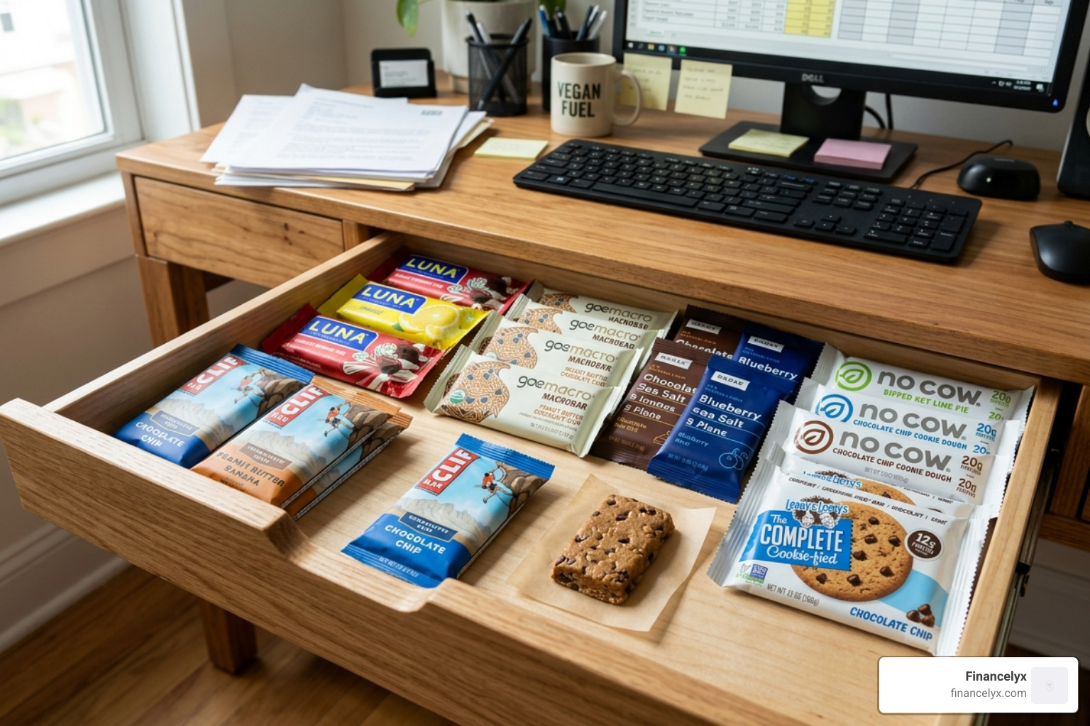 variety of pre-packaged vegan protein bars in a desk drawer - plant based snacks