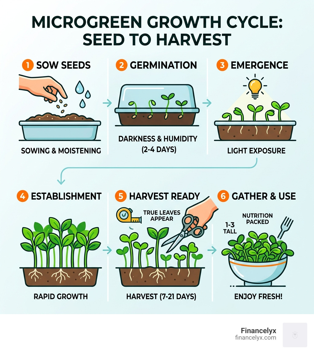 Microgreen growth cycle infographic from seed to harvest ready stages - microgreen harvesting tips home infographic 
