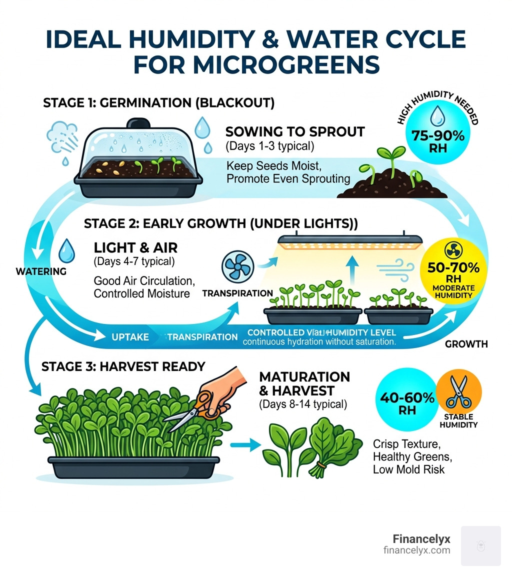 Ideal humidity and water cycle for microgreens from seed germination to harvest - microgreens humidity too low infographic 