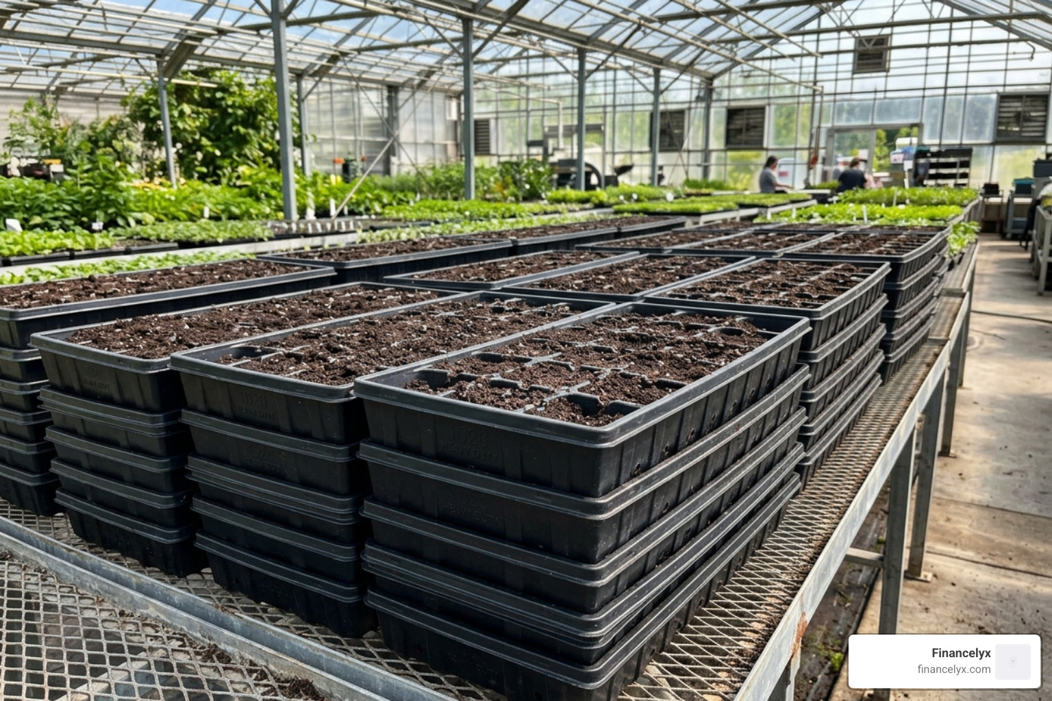 Heavy-duty 1020 trays stacked in a greenhouse showing reinforced sidewalls and rigid construction - 1020 trays with holes