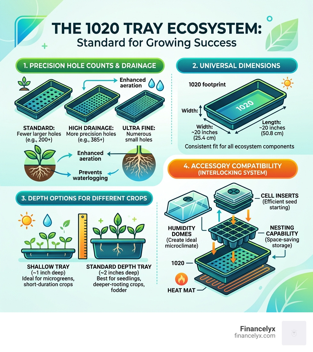 Infographic showing 1020 tray ecosystem: dimensions, hole counts, depth options, and accessory compatibility - 1020 trays