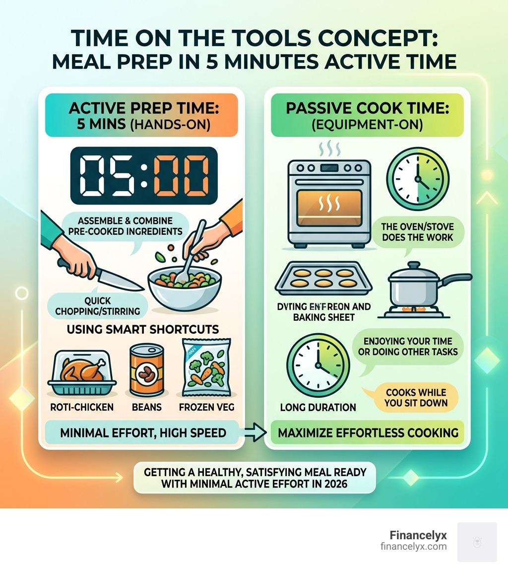 Infographic showing the Time on the Tools concept: 5 minutes active prep vs longer passive cook time - 5 minute meal prep Infographic showing the Time on the Tools concept: 5 minutes active prep vs longer passive cook time - 5 minute meal prep