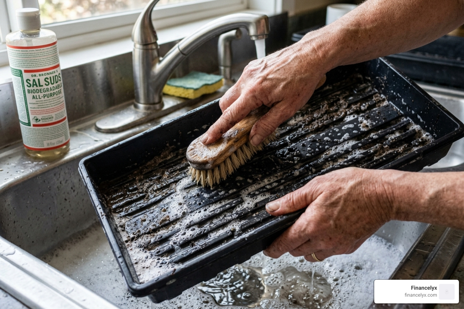 Cleaning and sanitizing garden trays with a brush and soapy water to prevent plant disease - 1020 trays with holes