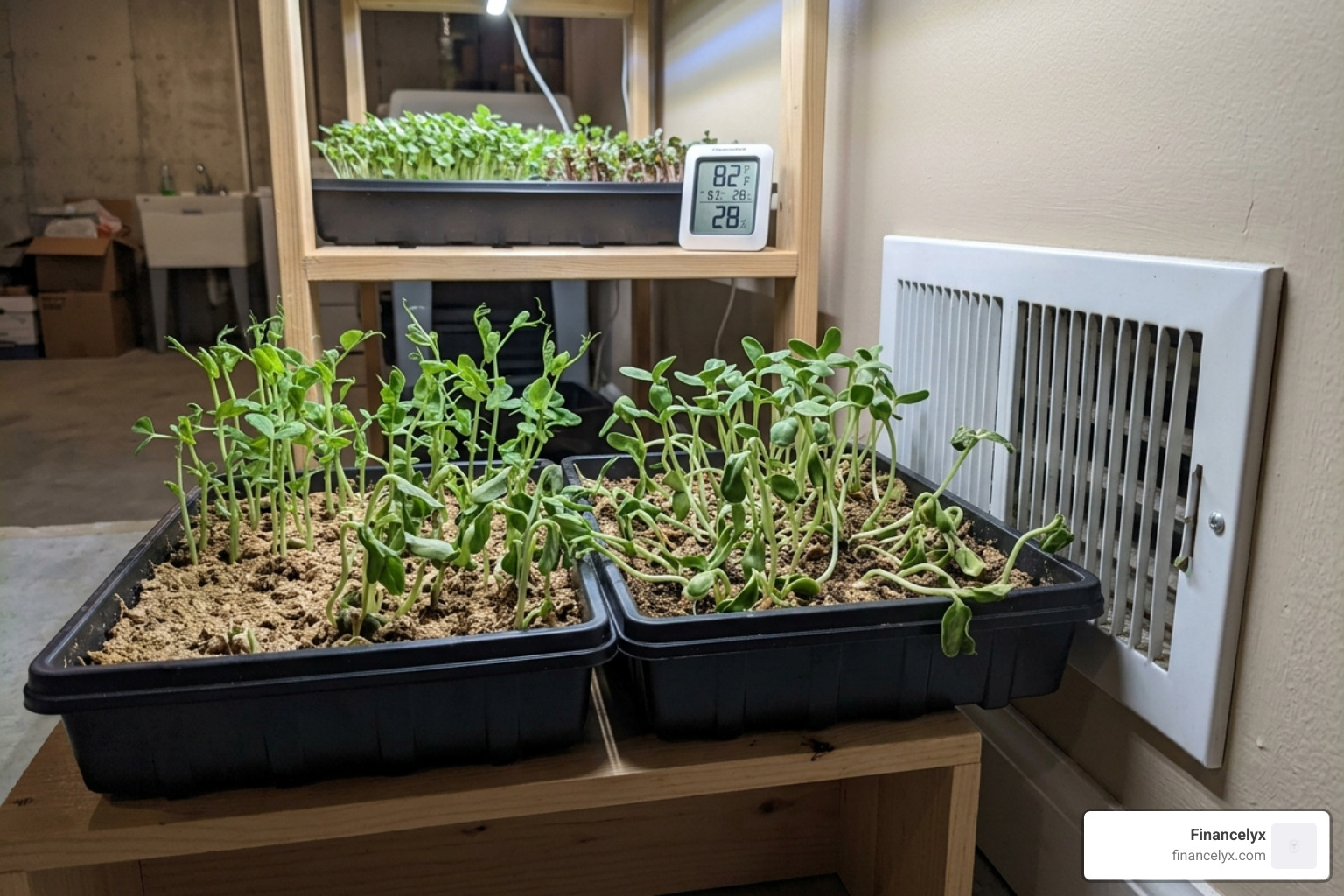 Indoor grow setup placed too close to a heating vent, causing low humidity - microgreens humidity too low