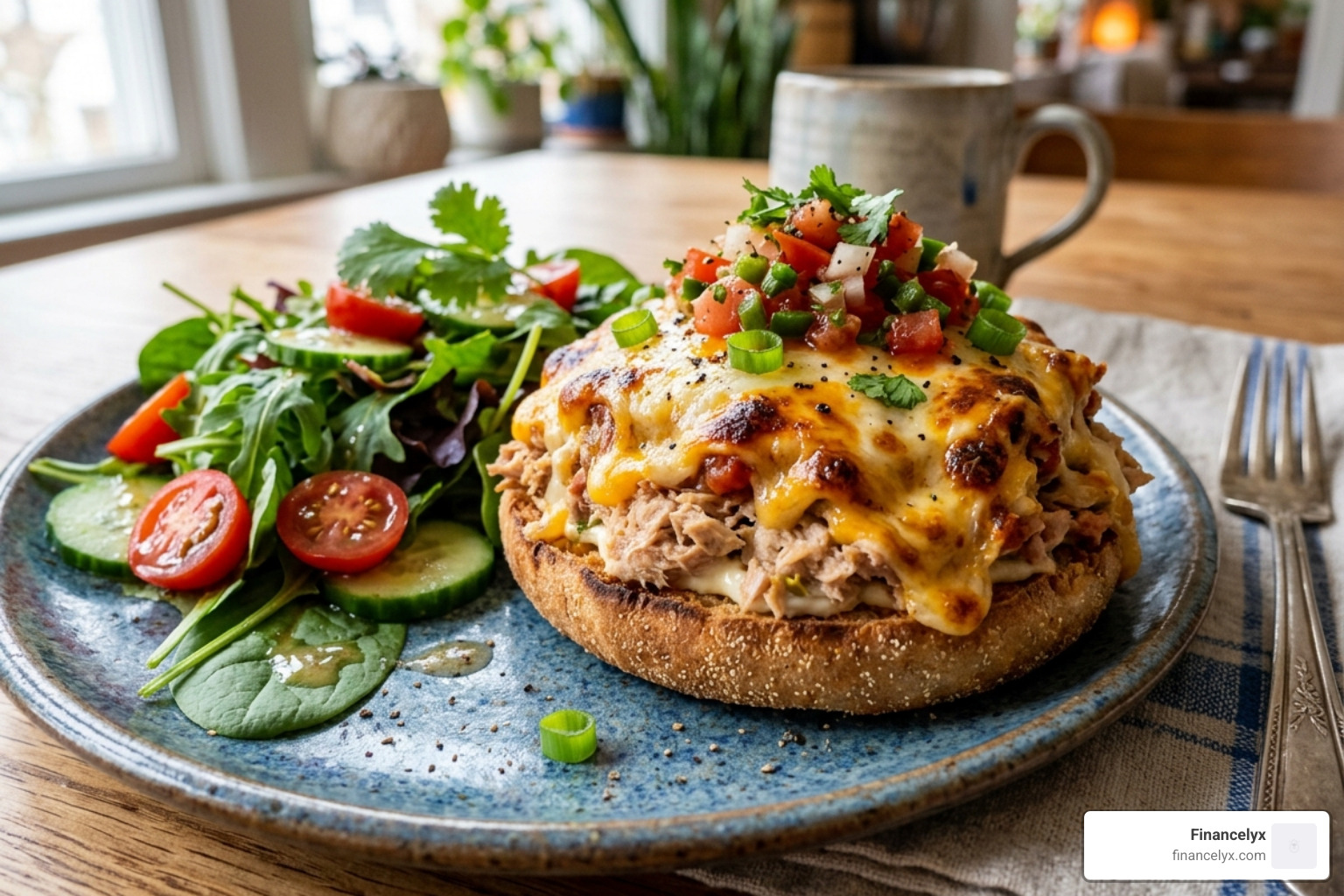 A salsa tuna melt on an English muffin next to a side salad - 5 minute meal prep A salsa tuna melt on an English muffin next to a side salad - 5 minute meal prep